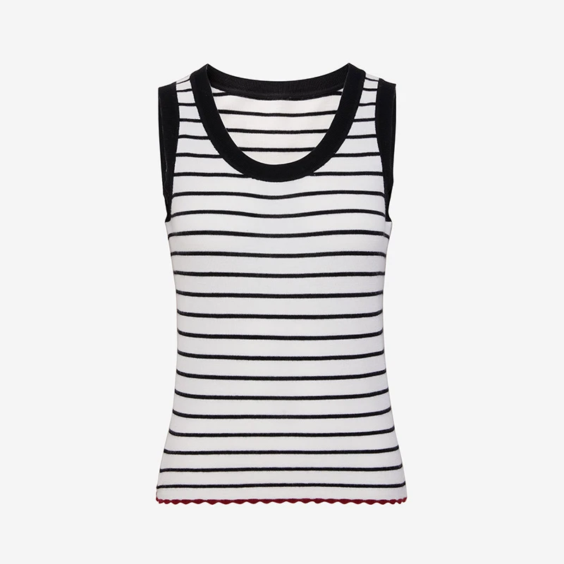 TRACYCHU通勤高智风扬子精纺羊毛黑白条纹百搭背心上衣千金洋气款