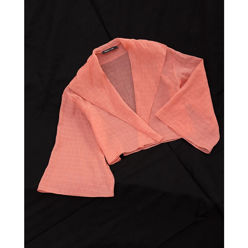 TRACYCHU【现货】时尚纯色长袖小千谷缩艺术品橘红色气质小外披外套