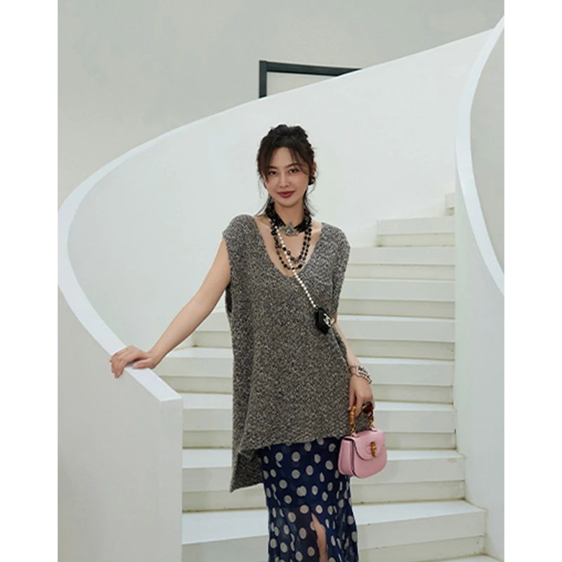 TRACYCHU气质摩卡色花纱LP原绒cashmere慵懒静奢风无袖深V大时尚