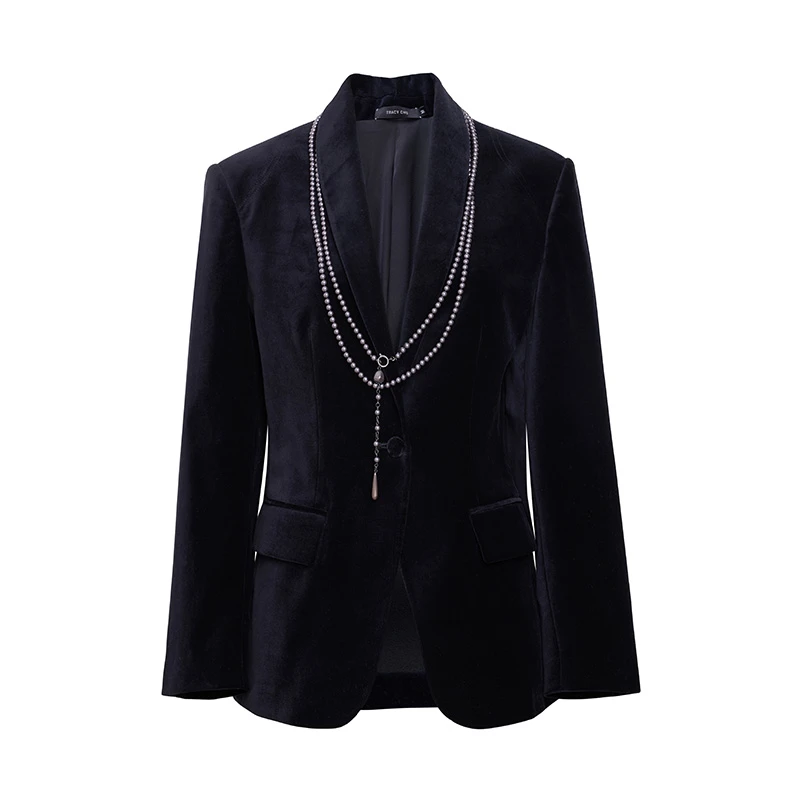 TRACYCHU黑丝绒大明星珠链款超模外套千金清冷感贵系西装戛纳百搭