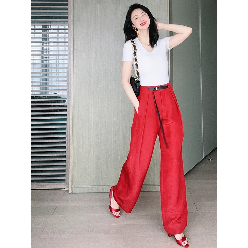 TRACYCHU【现货】宝石红时尚舒爽显瘦百搭款复古高腰皮带休闲阔腿裤