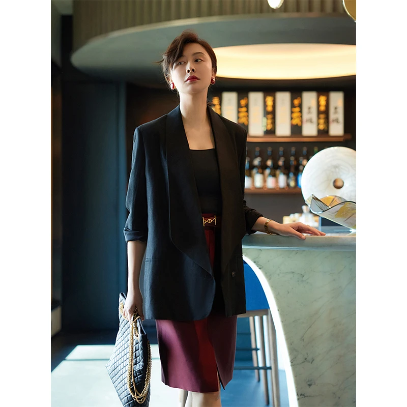 TRACYCHU【现货】生日特惠贵族之选奢华风黑色亚麻混纺款松弛感西装