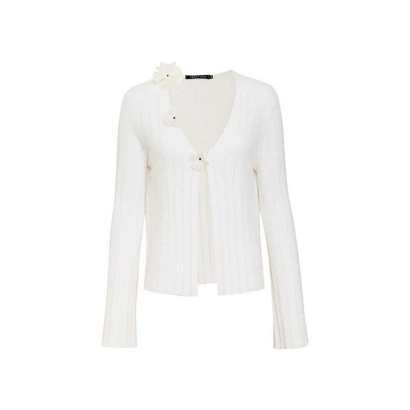 TRACYCHU欧若风白色立体手工花朵小香风时尚气质款上衣女外套开衫