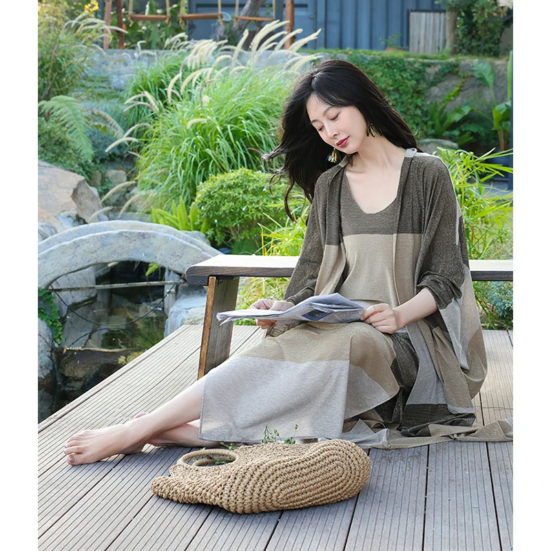 TRACY CHU 高定时装亮丝莫兰迪拼色针织国风薄款宽松文艺感长开衫