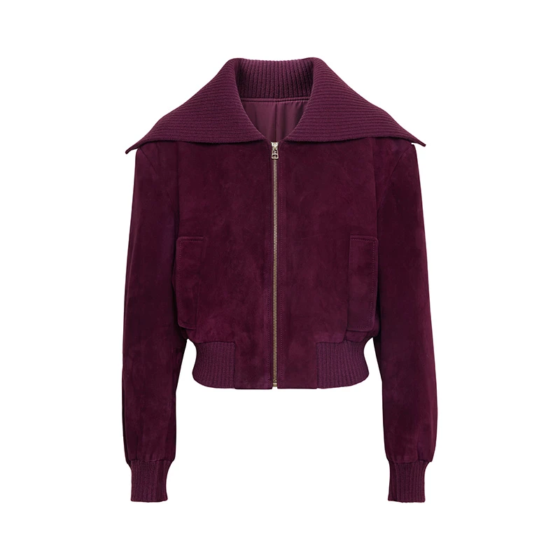 TRACY CHU 长袖车厘子红千金洋气休闲短款时尚设计师翻毛羊皮夹克