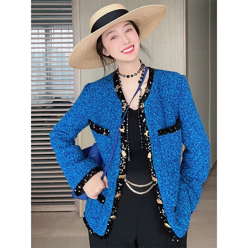 TRACYCHU时尚气质奢华粗花呢混花艺术纽扣宝蓝色全手工休闲外套