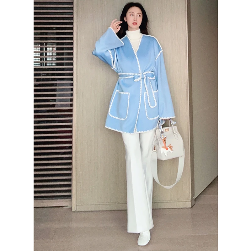 TRACYCHULP原绒babycashmere小山羊绒千金洋气蓝色中长贝壳边大衣