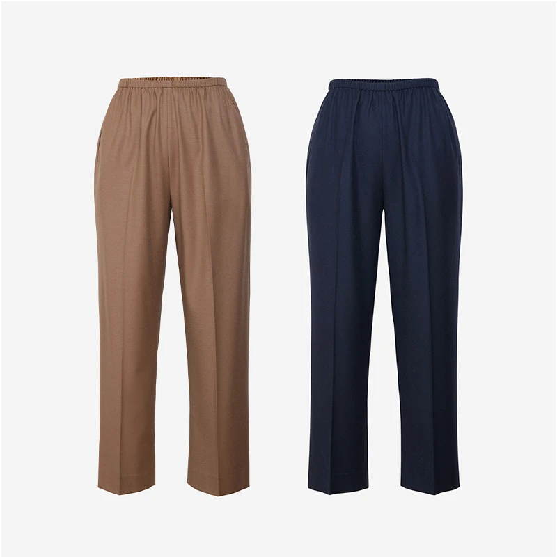 TRACYCHU舒适老钱山羊绒混绵羊毛黑色驼色松紧腰款九分裤冬季新品