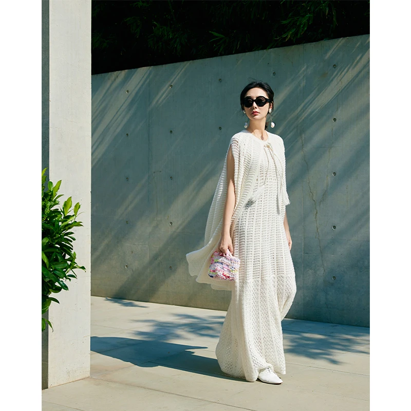 TRACYCHU 欧若风 LP原绒CASHMERE白山羊绒镂空真丝衬裙女装连衣裙