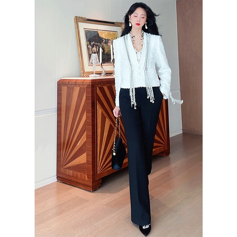 TRACYCHU百搭长裤轻奢显瘦剪裁直腿春游出行时尚气质黑长款微喇裤