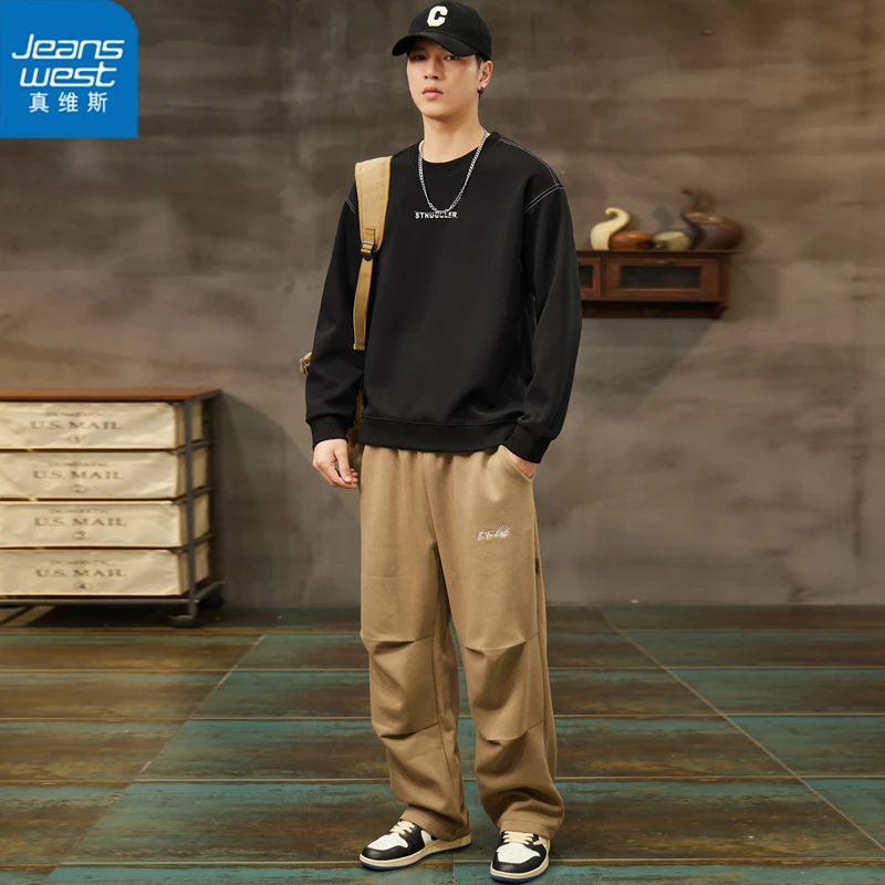 真维斯 宽松套头卫衣男2023秋季新款圆领休闲百搭印花长袖上衣