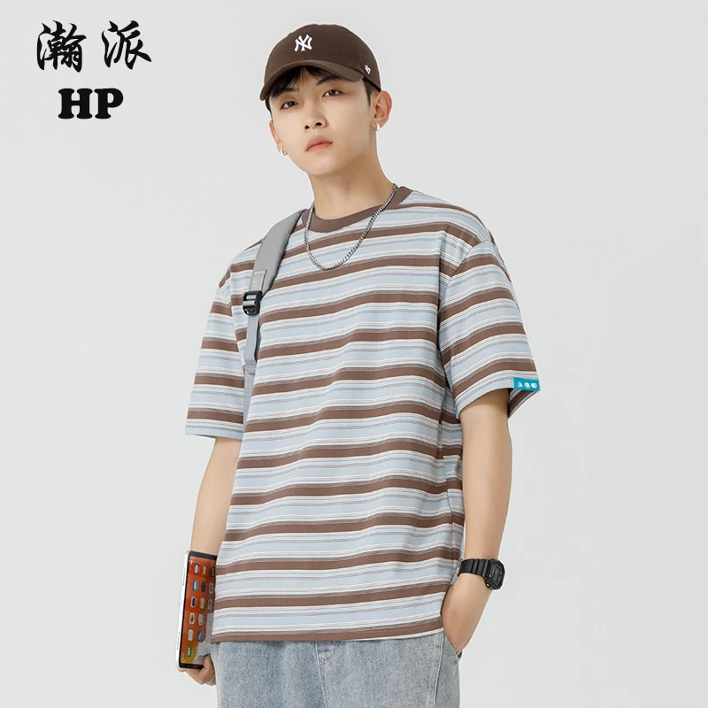 瀚派短袖条纹t恤情侣装春夏新款宽松青少年简约基础款男士半袖T恤