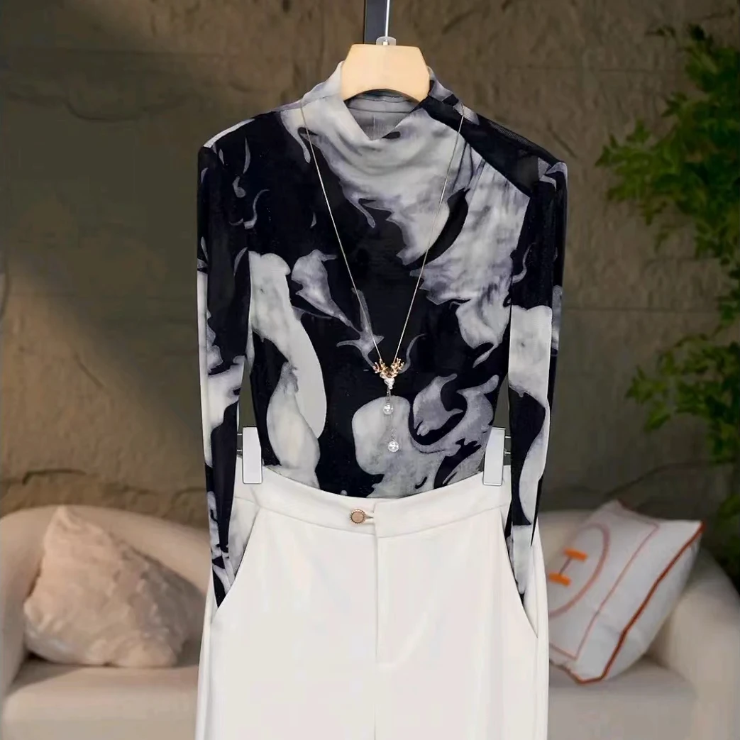 气质休闲风上衣显瘦长袖印花打底衫衬衣弹力蕾丝内搭打底衫2025