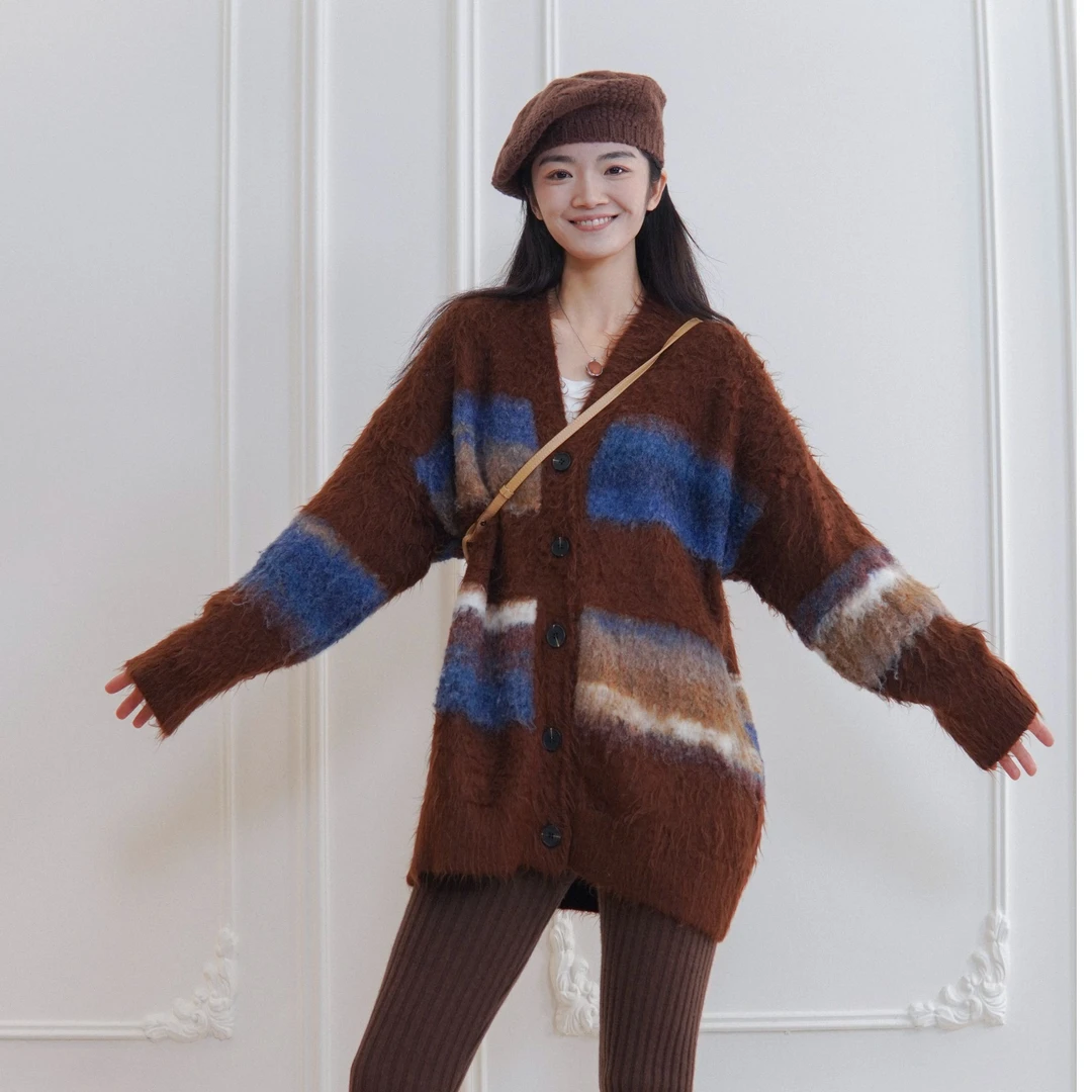 CHUN·「冰岛艺术针织开衫」时尚百搭复古宽松条纹慵懒风设计感减龄