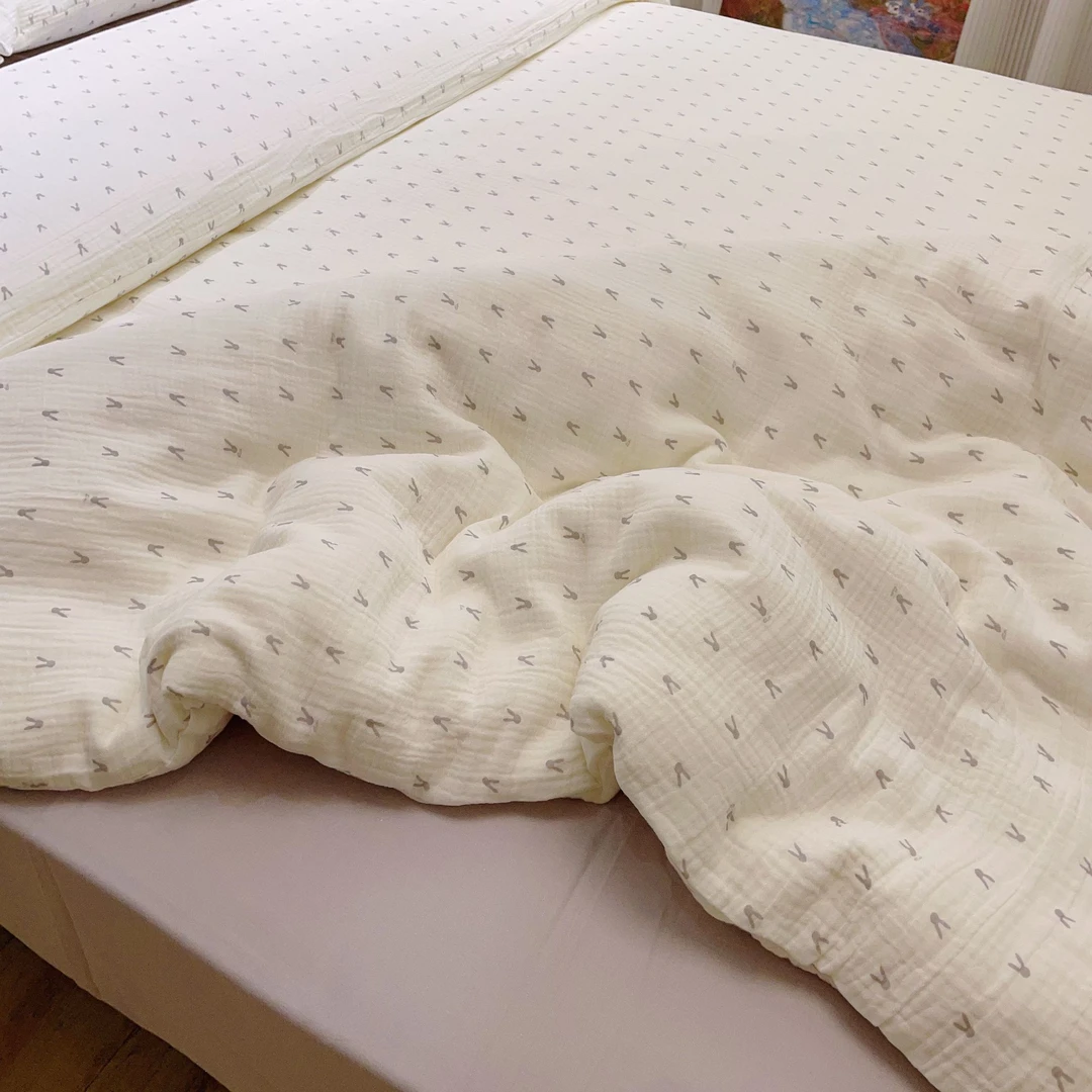 温馨治愈A类母婴级全棉皱皱纱四件套小清新印花被套裸睡柔软纯棉