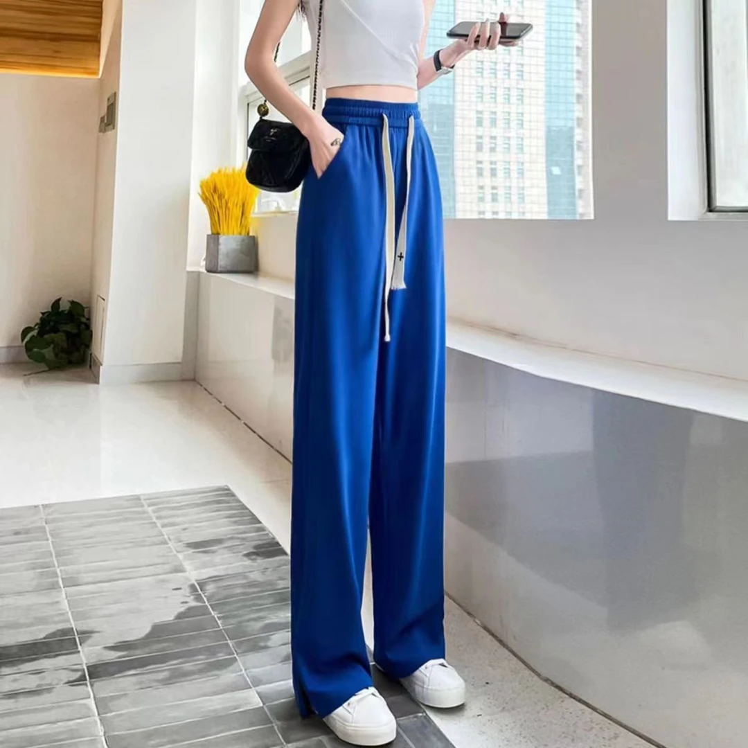 薄款网红时尚阔脚裤拖地垂坠感开叉直筒宽松垂感直筒裤