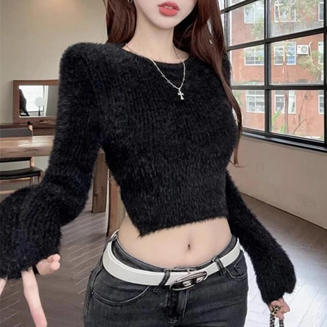 绑带镂空毛衣女秋冬短款女装韩版修身修身纯欲气质露背内搭针织衫