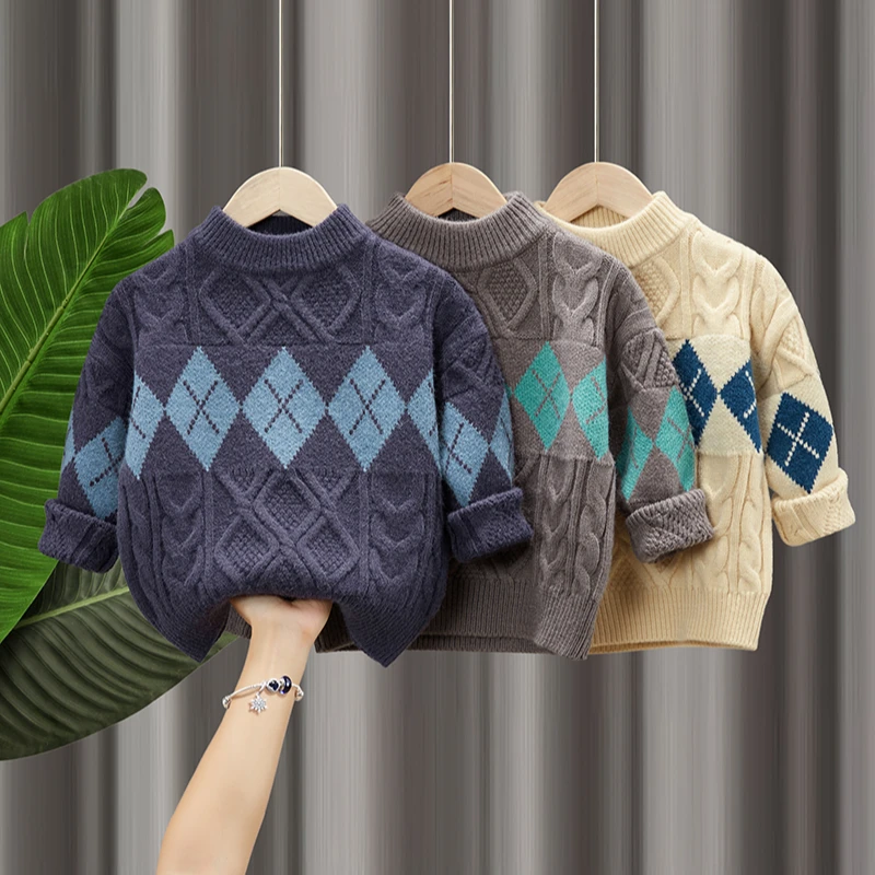 秋冬新款男童宝宝菱形格子毛衣针织衫韩版洋气亲肤软糯小男孩上衣