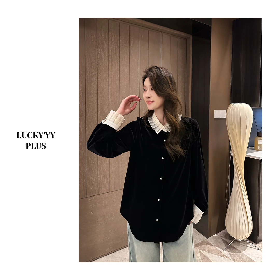 LUCKYYY 【浙商千金】早春新品丝绒拼接设计感衬衫 M3238