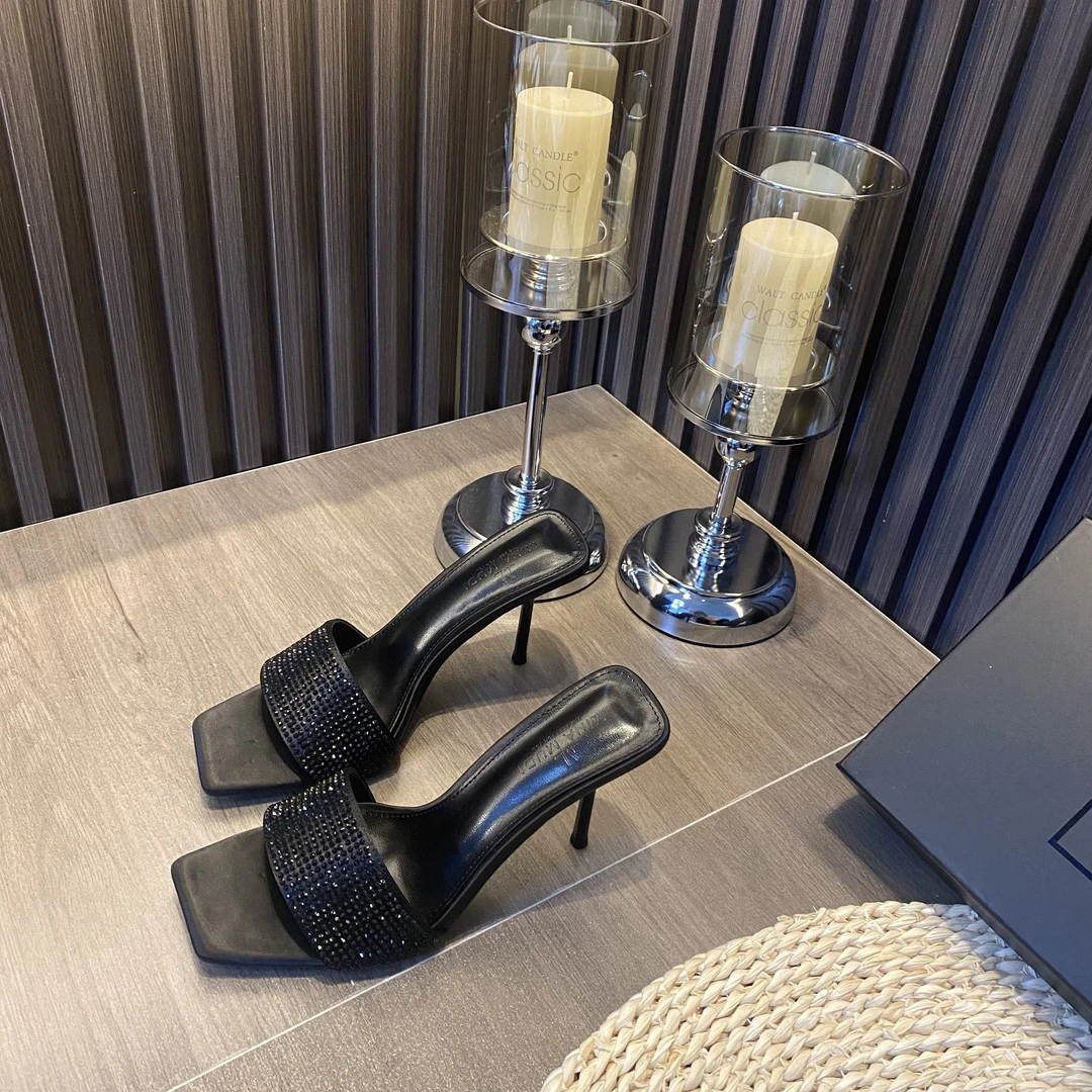 凉鞋时尚夏季黑色细跟高跟气质百搭露趾女士方头满钻拖鞋小众法式