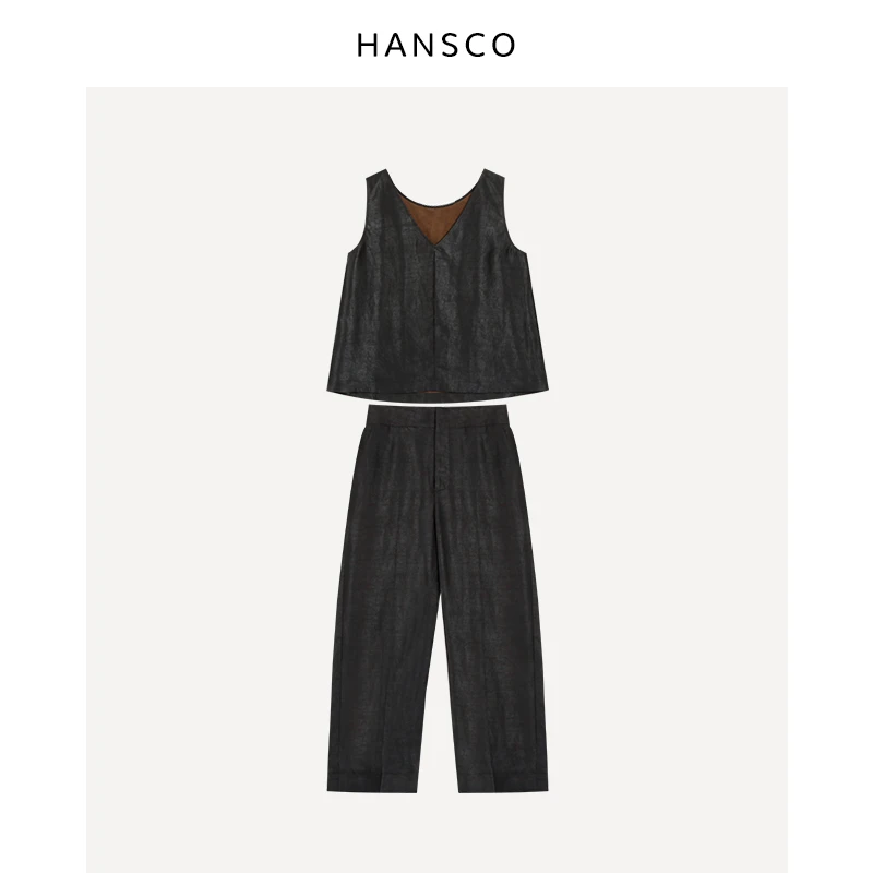 Hansco 真丝香云纱复古龟裂纹日常百搭背心+长裤套装 H2306AXS005