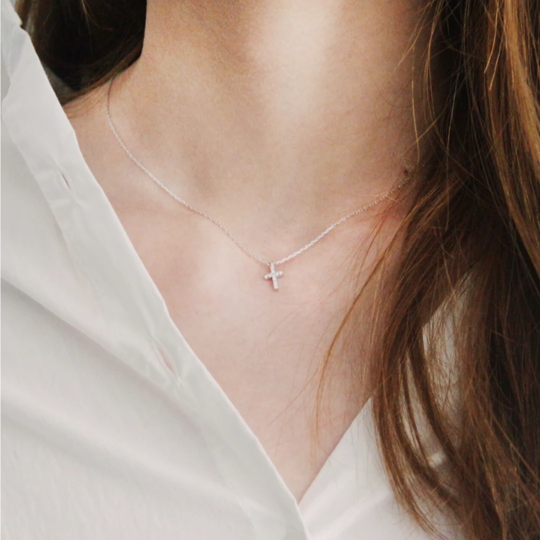 坠链均925银 Heymen黑门 小众极简925银碎钻十字架锁骨项链