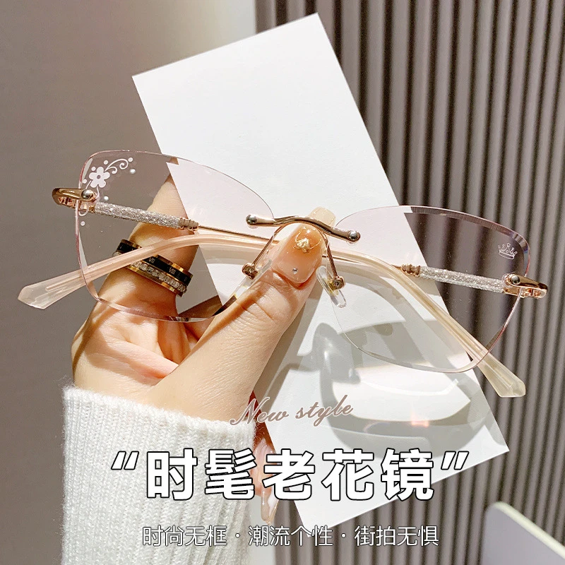 新款无框切边点钻时尚高清防蓝光老花镜中老年时髦显年轻老花眼镜