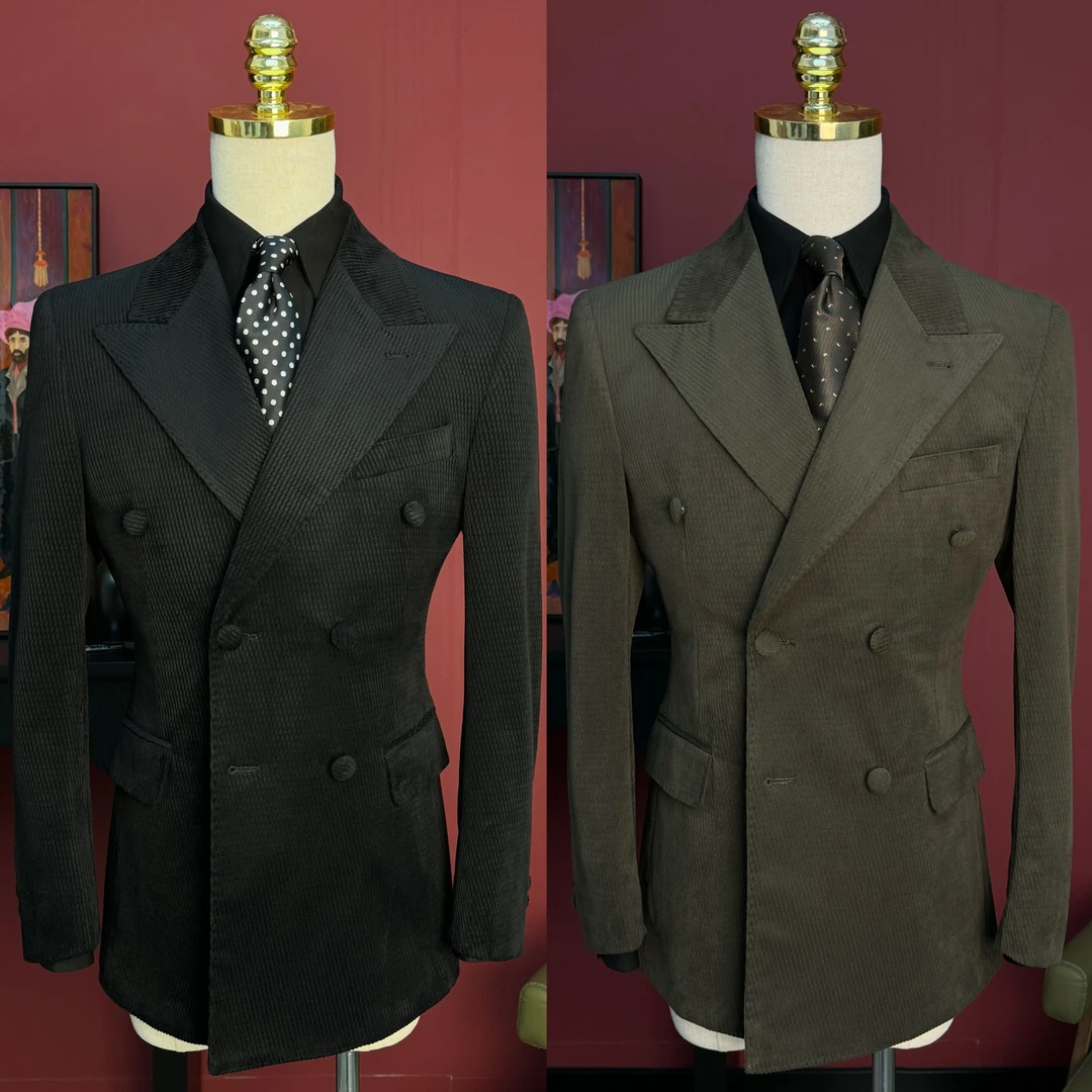 【西蒙曹】秋冬英式定制立体一刀切灯芯面料戗驳领双排扣西服套装