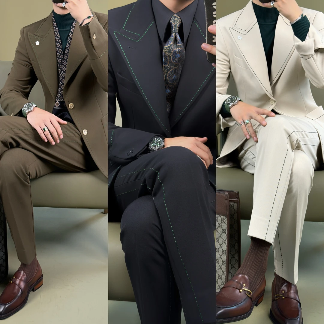 【西蒙曹】-单西服-原创时尚轻奢休闲刺绣明线戗驳领西服