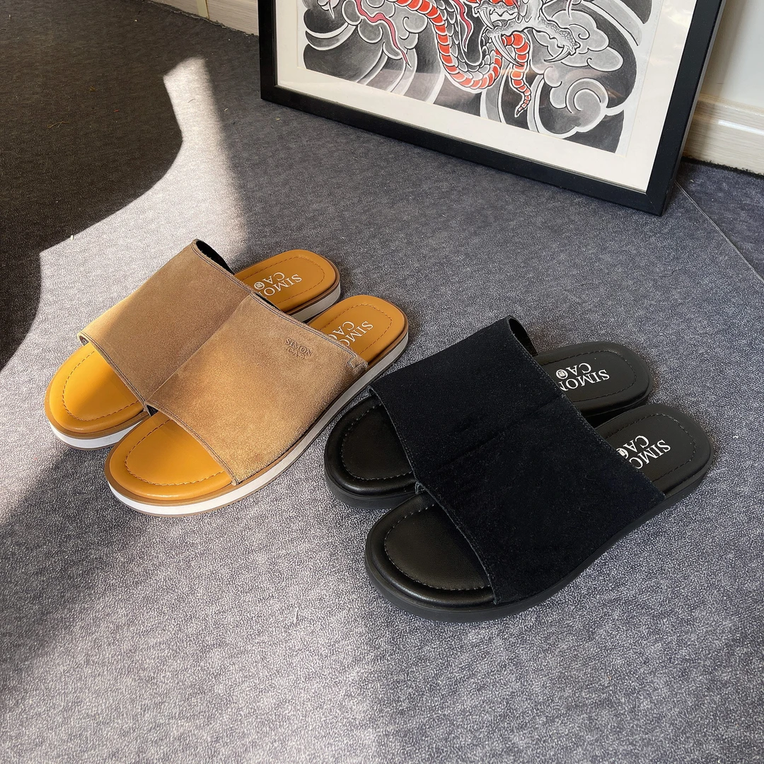 【西蒙曹】-原创圆头休闲百搭舒适透气头层牛皮拖鞋