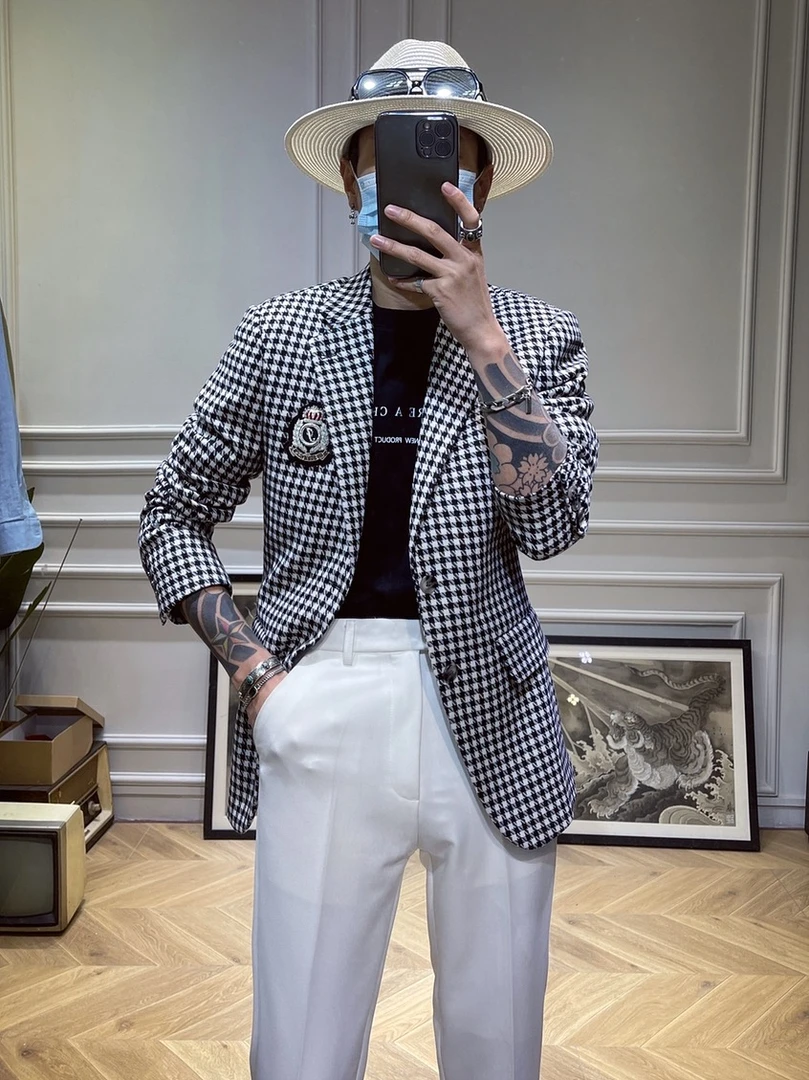 【西蒙曹】男士经典休闲时尚痞帅潮流修身四季款黑白千鸟格西服1856