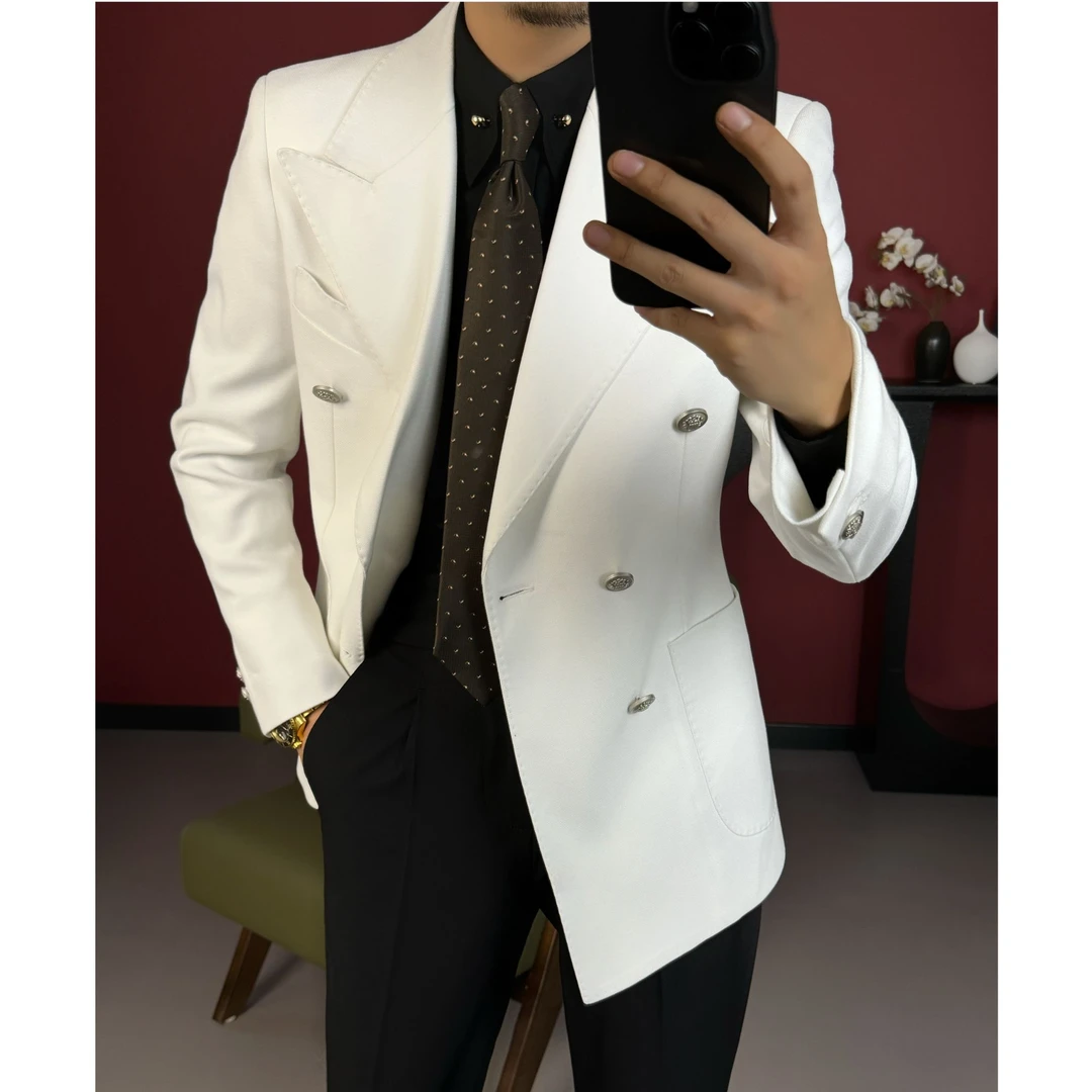 【西蒙曹】新款白色金属双排扣布雷泽时尚气质痞帅百搭西服西装