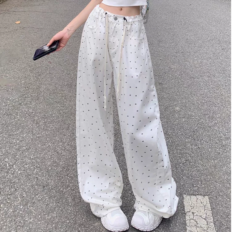 【碎花裤】米白色波点糯米裤女春秋冬新款高腰垂感休闲小个子阔腿裤