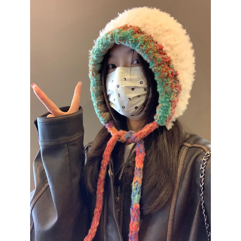 手工大头围毛绒针织帽子女2024新款秋冬加厚保暖毛线帽显脸小白色