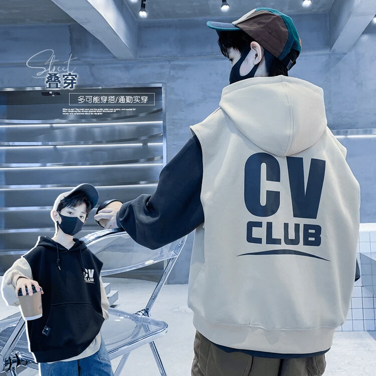 男童连帽卫衣马甲假两件春秋装2024新款中大童休闲秋季儿童装炸街
