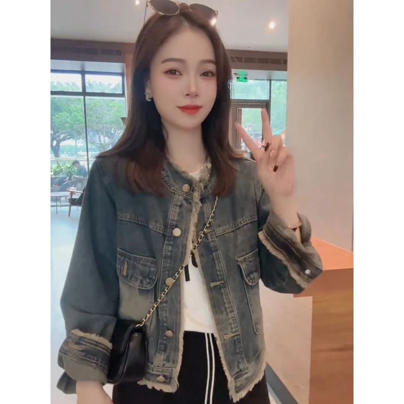 做旧复古流苏圆领长袖牛仔外套女秋季新款春秋感时尚独特洋气上衣