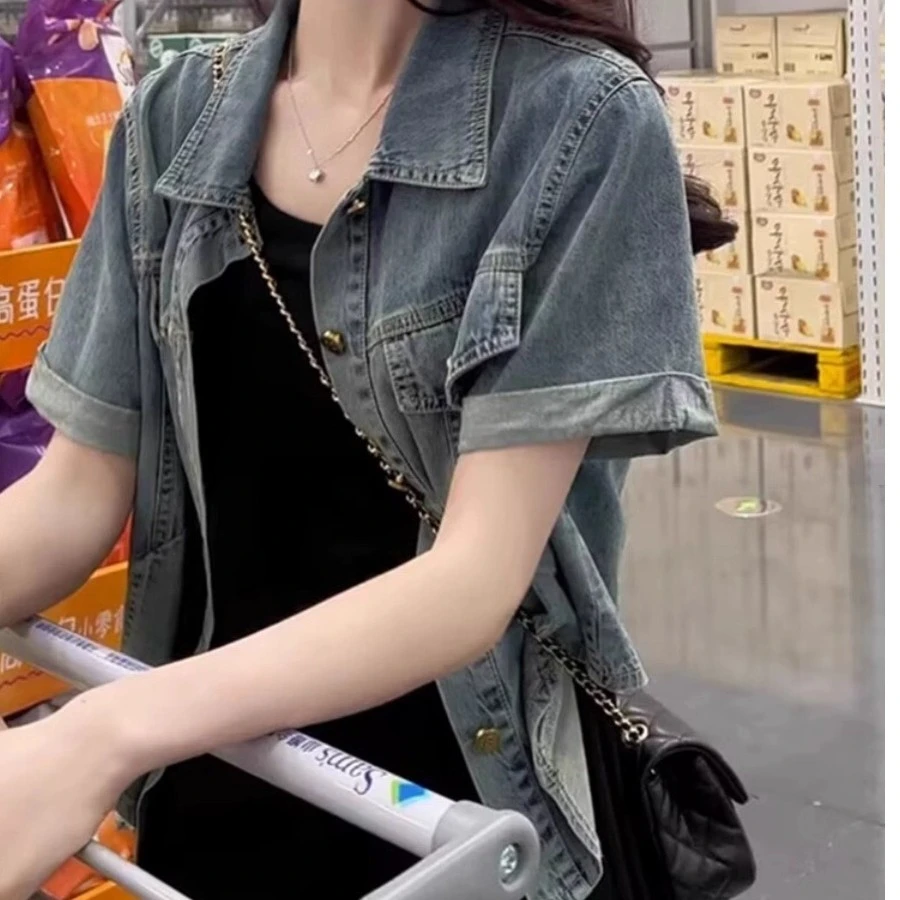 短款牛仔外套设计感小众女洋气美式复古小个子百搭polo领短袖上衣