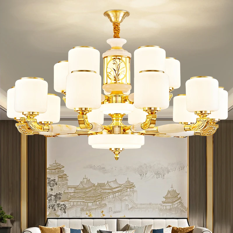 全铜新中式吊灯真玉石客厅主灯中国风高端大气别墅复式楼大厅灯具