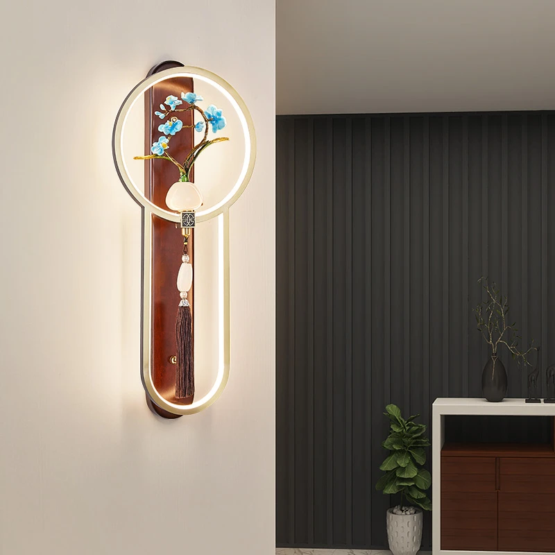 新中式全铜床头灯胡桃木古典高端壁灯禅意楼道纯铜客厅电视背景