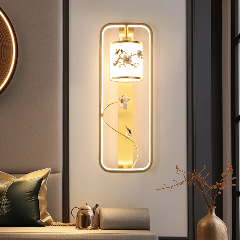 新款新中式禅意壁灯全铜客厅背景墙卧室床头过道走廊楼梯中国风灯