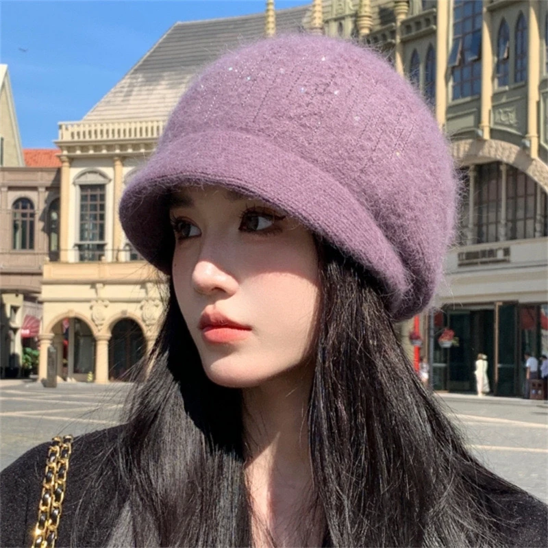 女秋冬兔毛针织毛线帽子百搭修饰脸型贝雷帽中老年人妈妈保暖帽