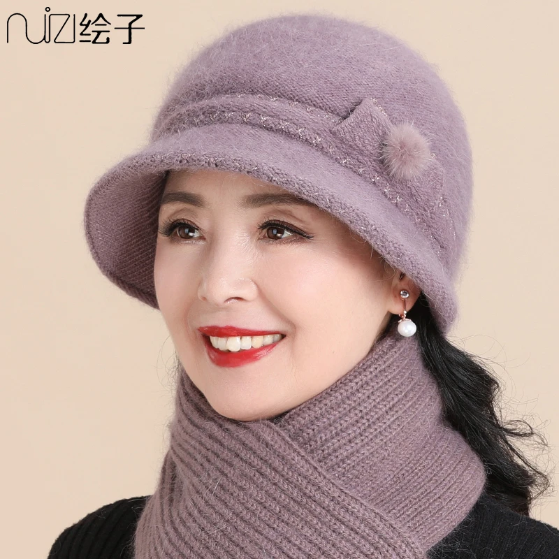 冬天中老年人帽子女妈妈兔毛线帽加绒加厚保暖奶奶老太太针织盆帽