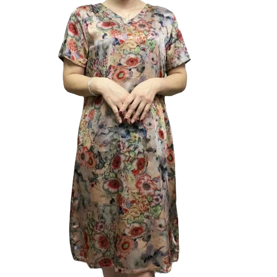 022连衣裙中老年时尚印花洋气夏季碎花显瘦中长款V领