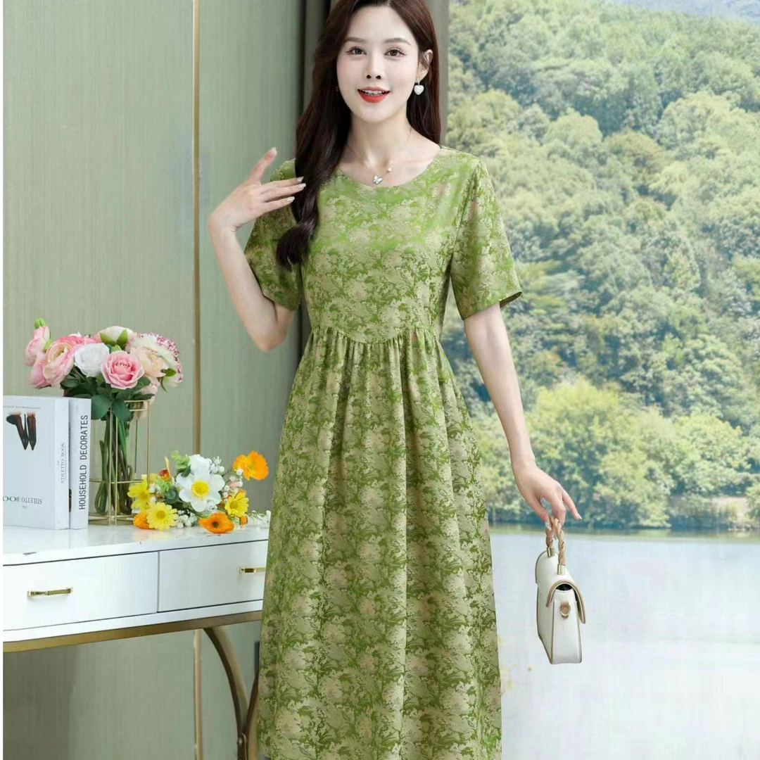 055圆领连衣裙碎花气质夏季时尚洋气收腰显瘦过膝遮肚