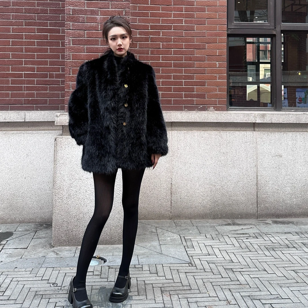 W50-2#【露露】气质显瘦时尚百搭宽松设计师环保绒绒外套秋冬中长款