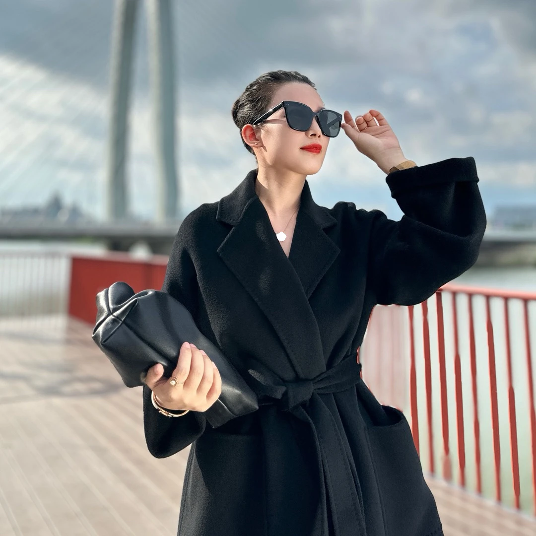 【布依佳】黑色30%山羊绒Labor原版大衣浴袍款宽松阔气冬季长款外套