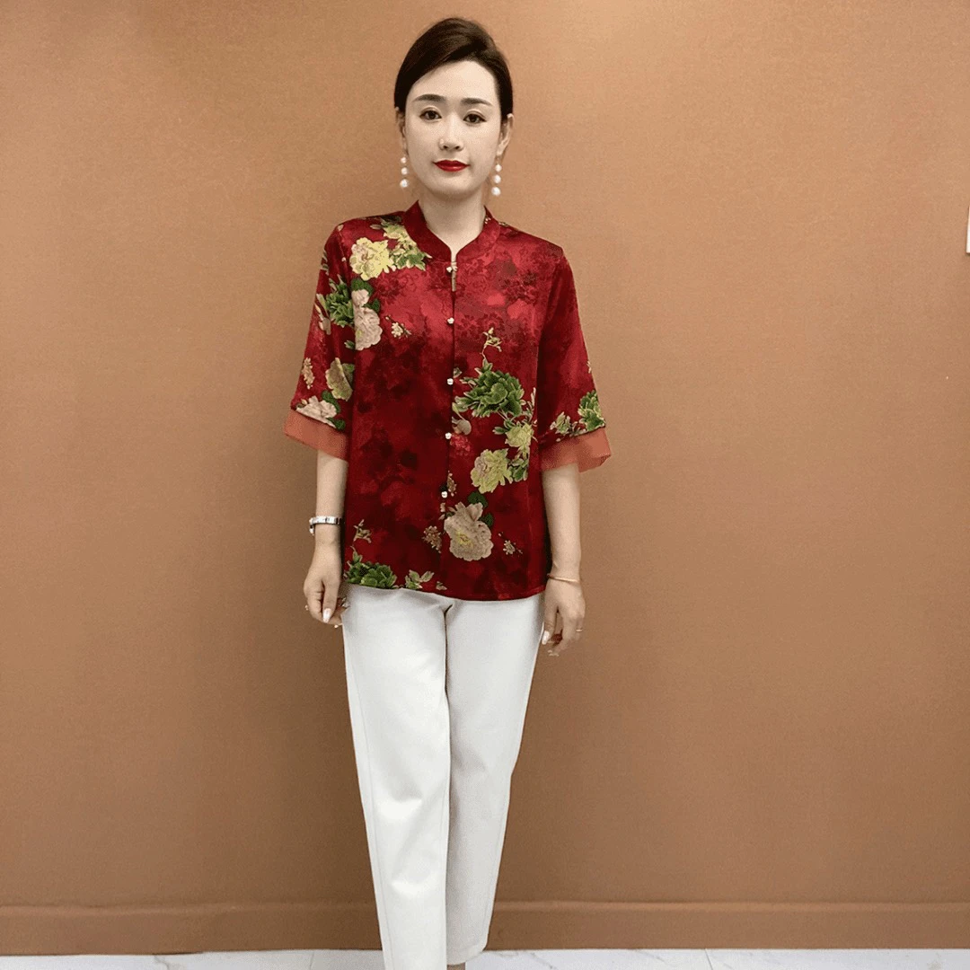 群晖甄选高端大气上档次秋季新款衬衫领时尚中老年潮流妈妈装