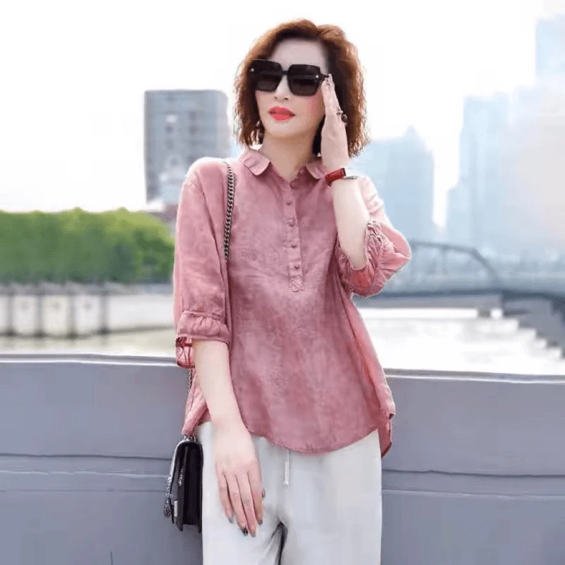 群晖甄选高端大气上档次秋季新款衬衫领时尚中老年潮流妈妈装