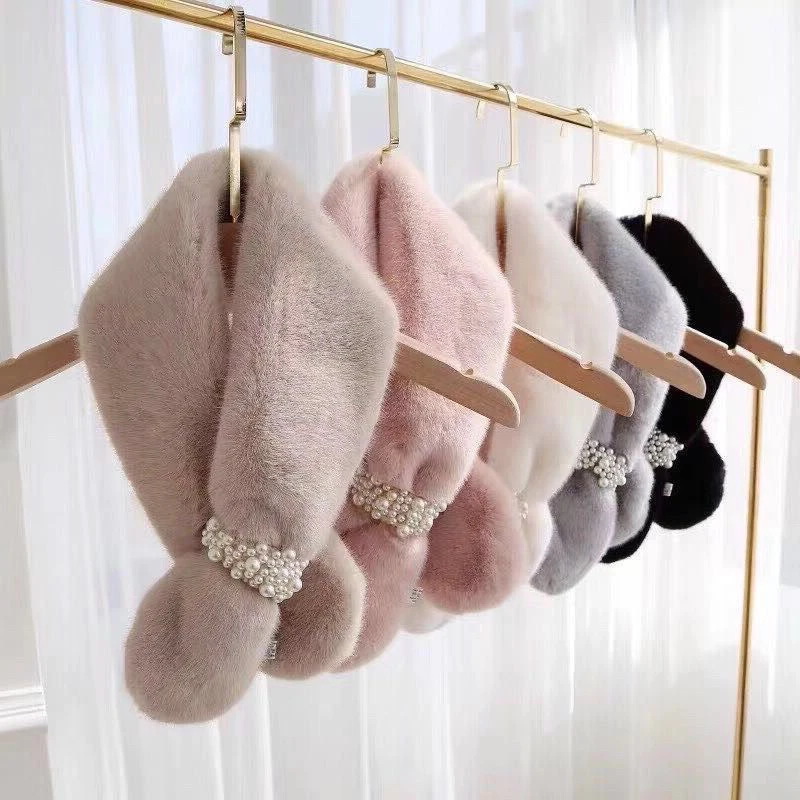 秋冬季围巾珍珠毛毛围脖韩版保暖仿獭兔毛绒围巾优雅少女围巾