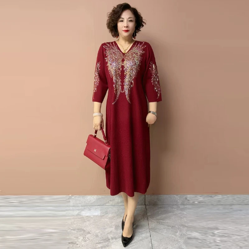 喜婆婆婚宴妈妈洋气重工烫钻冰麻针织连衣裙气质时尚显瘦V领长裙